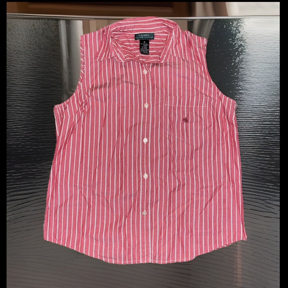 Ralph Lauren Golf Sleeveless Button Up Red & White Stripe W/Chest Pocket